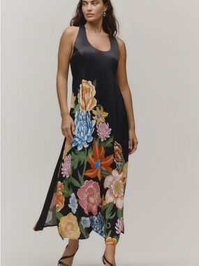 Nwot Anthropologie Black Satin Maxi Dress linen blend with Multicolor Floral